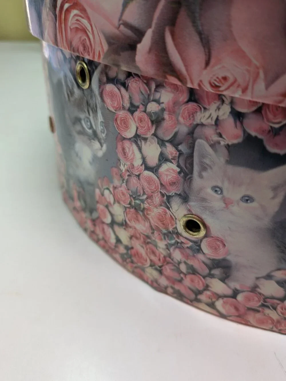 Vintage Large Round Kitten & Pink Roses Cardboard Hat Box Storage 12